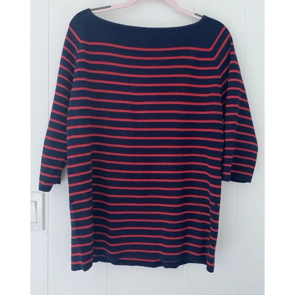 Lauren Ralph Lauren Size XL Navy Blue Red Stripe Boat Neck Cotton Knit Sweater - Picture 3 of 4